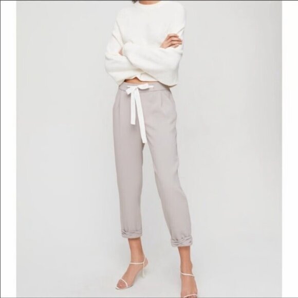 Wilfred Aritzia Linen Blend Tie Front Button Fly Light Taupe Trouser Pants Sz 10 - Picture 1 of 8